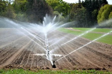 Sistema de riego agrícola en pleno funcionamiento sobre un cultivo